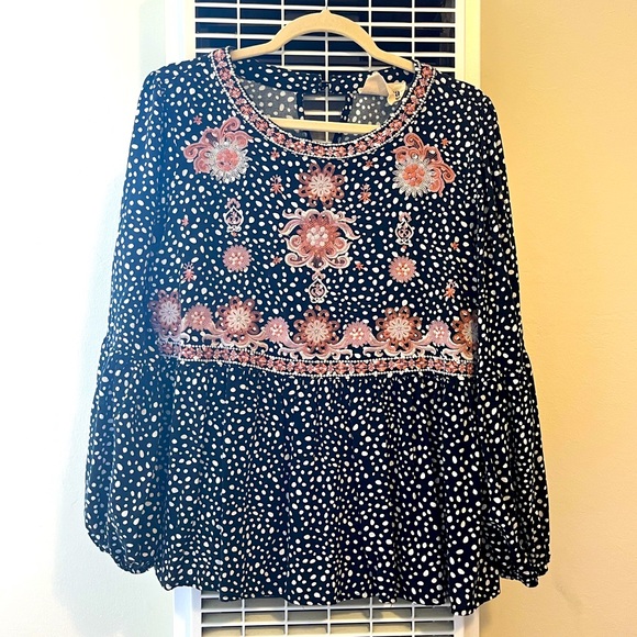 Tops - Savannah Jane Boho Top, black and white polka dot float top, embroidered top